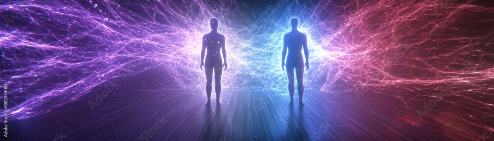 Poster ai-enhanced virtual twins digital entities futuristic studio 3d visualization abstract space dual pe