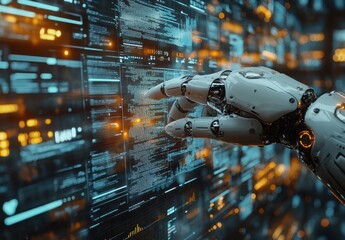 Futuristic robot interacting with digital screen in a modern interface