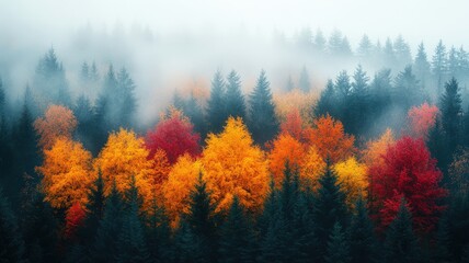 Autumn foliage transformation forest aerial view misty landscape vibrant colors nature's beauty