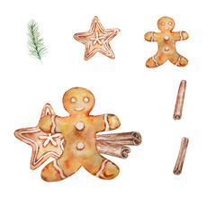 Watercolor Christmas sweets set with gingerbread, cookie and floral