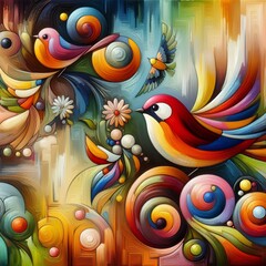 Obraz premium Abstract oil painting depicting cakes and birds, brush strokes on canvas.