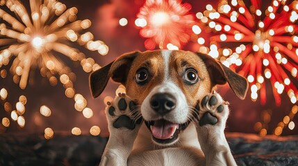 Startled Dog Covering Ears with Paws Against Fireworks Background, Copy Space for Text.