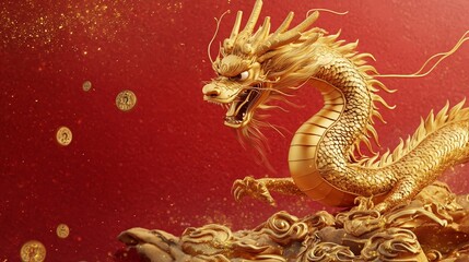 Fototapeta premium Golden 3D Dragon on Red Background for Chinese New Year Celebration