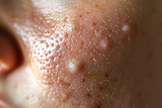Close-up macro photograph of whiteheads on chin skin detail