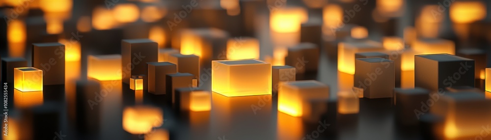 Poster illuminated building models urban landscape 3d render night scene close-up ai-generated architecture