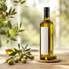 A olive oil concept prepared for mockup, with label on glass of bottle on a light wooden table