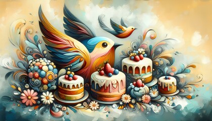 Abstract oil painting depicting cakes and birds, brush strokes on canvas.