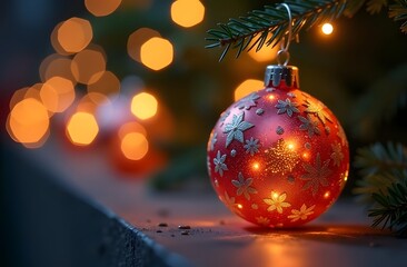 Fototapeta premium A beautiful Christmas ornament is delicately hanging from a sturdy Christmas tree branch, which is resting on a wooden table surface