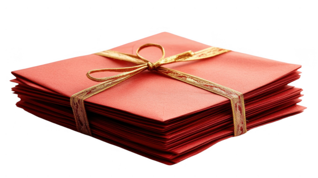 Stack of Red Envelopes with a Decorative Golden Accent, Chinese New Year Festival, Isolated on White, PNG File, Transparent Background