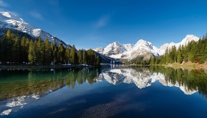 Pristine Alpine Lake Nestled Between Rugged Snow-Capped Mountains