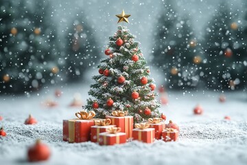  3D Rendered Cartoon Christmas Tree with Presents on White Background, Falling Snow, Minimalist Style, 4K Resolution, Isolated for Web Banner or Packaging Design.