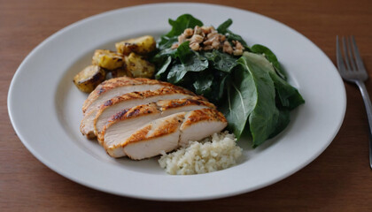 Grilled chicken breast served with roasted potatoes, spinach, and cauliflower rice on a white plate