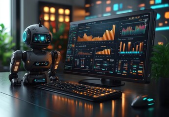 A futuristic robot presenting data on an interactive screen