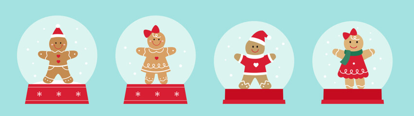 Set of Cute gingerbread man snowball flat vector stock illustration.