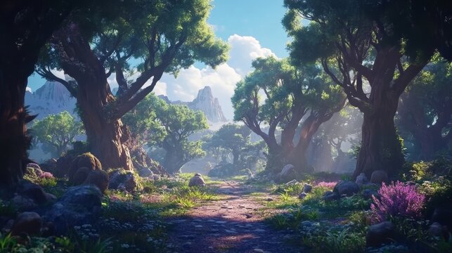 Enchanting fantasy landscape of a magical forest with seamless looping animation