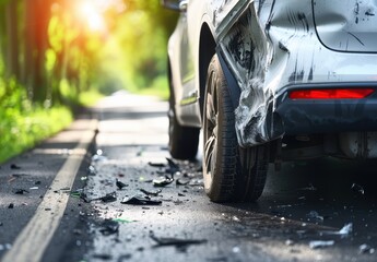 Close-up view of damaged silver car after road accident scene