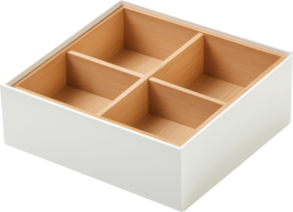 A square box divided into four equal compartments, featuring a smooth white exterior and a natural wood-like interior.