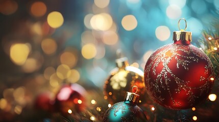 Fototapeta premium Red Christmas Ornament with Bokeh Lights on a Blue Blurred Background