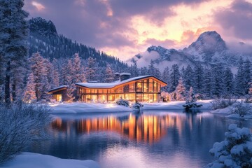 Fototapeta premium A modern cabin sits on a snowy lake. The image is perfect for showing the beauty of nature and a cozy winter retreat.