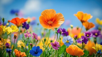 Obraz premium Radiant Wildflowers in a Lush Field with an Orange Blossom in Focus, Surrounded by a Sea of Colors, Perfect for Themes of Spring, Summer, Growth, and Nature's Beauty