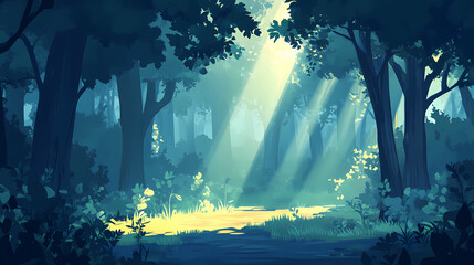 Beautiful deep forest scene with a light beam in woodland perfect for a background, forest, trees, nature, beauty, serene. Radiant. Illustration