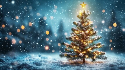 Christmas Tree with Golden Ornaments and Lights in Snow-Covered Park