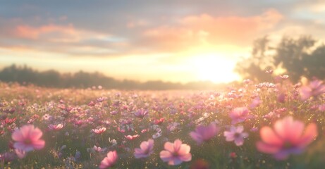 Colorful Cosmos Flowers in a Meadow at Sunset with Soft Focus and Pastel Tones – Springtime Floral Landscape Background