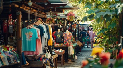 Colorful outdoor market filled with clothes and vibrant flowers, inviting visitors to explore unique finds and enjoy the lively atmosphere.