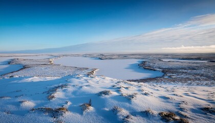 Obraz premium Snowy Tundra Landscape Stretching Across a Flat Horizon, With Patches of Icy Blue Water and Frozen Marshlands, All Under a Pale Winter Sky