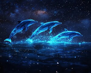 Glowing Dolphins Leaping Through Starry Night Ocean Seascape
