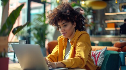 Fototapeta premium Focused woman works on laptop in a cozy cafe with plants and colorful decor, enjoying creative office vibes and inspiration.