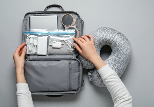 Travel bag with electronics and accessories including neck pillow and charging cables