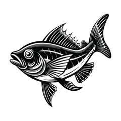halibut fish design, labeled linocut vector silhouette illustration.