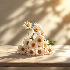 Obraz premium Concept photo of white daisies flower bouquet on light wooden table with space for text