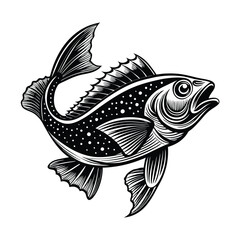 halibut fish design, labeled linocut vector silhouette illustration.