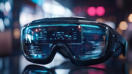 Futuristic CGI concept of virtual reality simulator glasses with advanced technology and immersive digital interface