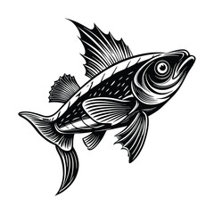 halibut fish design, labeled linocut vector silhouette illustration.