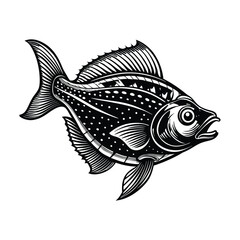 halibut fish design, labeled linocut vector silhouette illustration.