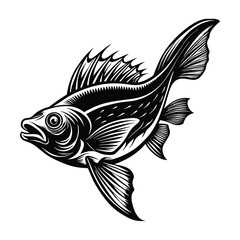 halibut fish design, labeled linocut vector silhouette illustration.
