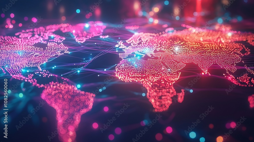 Poster glowing global network of interconnected data streams representing worldwide communication