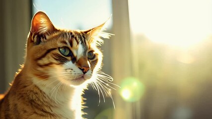 beautiful ginger cat sitting table looking shiny whiskers sunlight gently illuminates cute pet window red black background lonely sun ray slow motion fluffy moustache alone animal shine sunset dawn