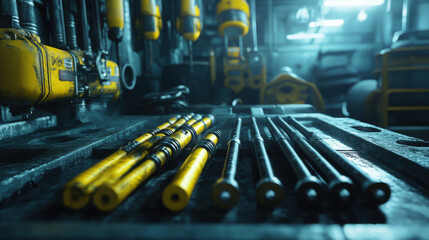 Neatly arranged yellow welding rods and tools in workshop setting, showcasing industrial equipment and well organized workspace