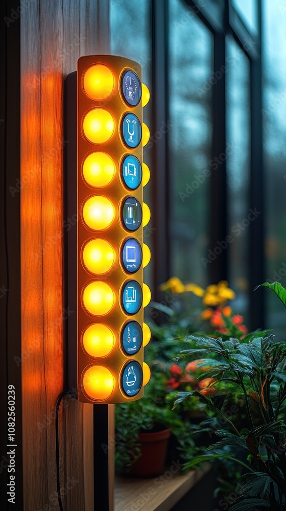 Poster illuminated signal board with multiple yellow lights indicating status.