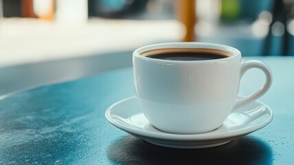 Fototapeta premium A warm cup of coffee sits on a table, its rich, dark color against a softly blurred background, inviting a moment of relaxation.