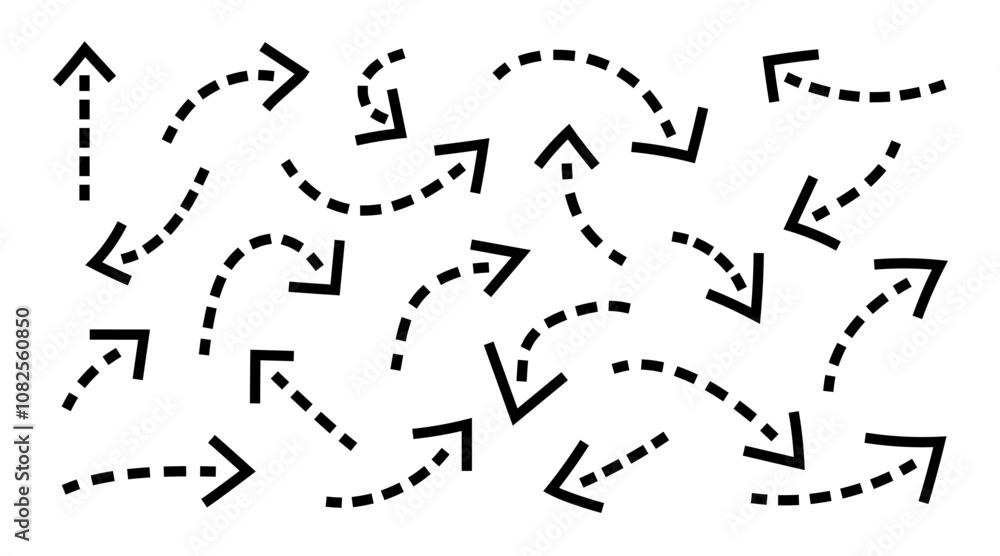Poster arrows with dot lines with editable stroke. hand drawn dotted direction pointers