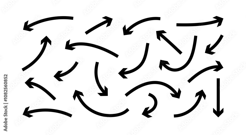 Poster set of angular hand drawn arrows. bold thick lines to define direction in doodle style. outline illu