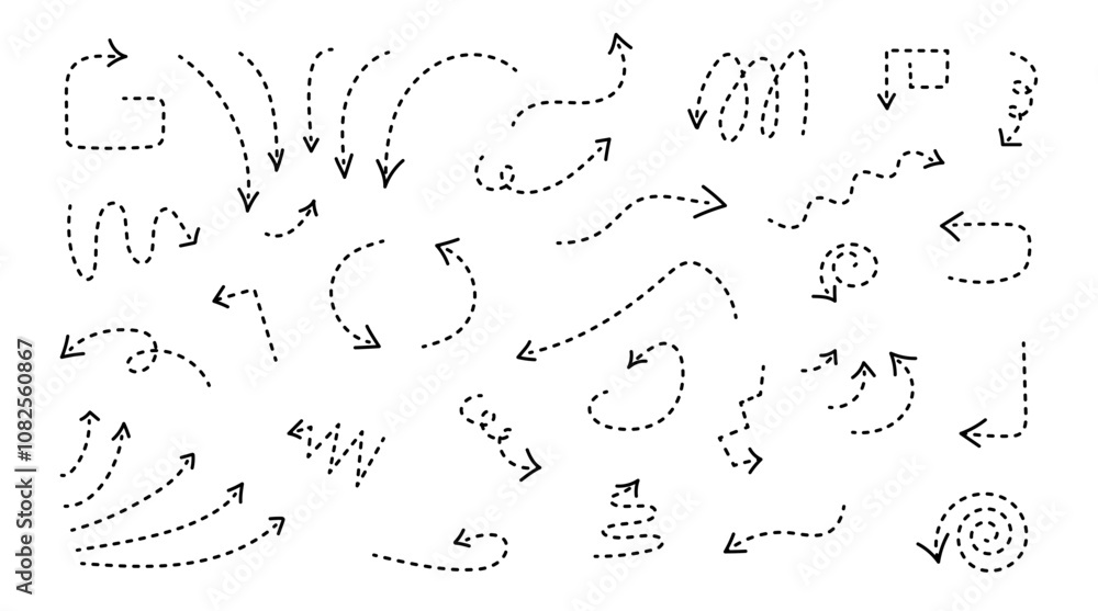 Poster curved thin arrows drawn by hand pointing in different directions. doodle pointers with editable str
