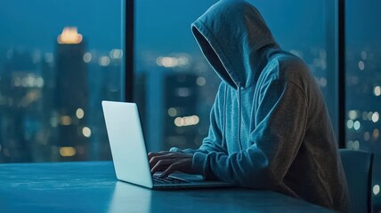 A hooded hacker works intently on a laptop in a dimly lit urban setting, suggesting themes of mystery and digital activity.