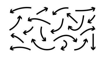 Set of angular hand drawn arrows. Bold thick lines to define direction in doodle style. Outline illustration with editable stroke for notes, business projects