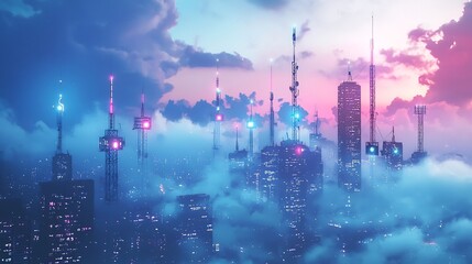 Glowing Communication Towers Skyline Transmitting Global Data Streams in Futuristic Night City
